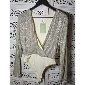 H&M Champagne Sequin Long Sleeve Bodysuit Deep V Party Top Womens Small NWT